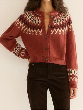 NWT Doen Clarke Wool Alpaca Button Cardigan Knit Sweater Burgundy Fair Isle Red